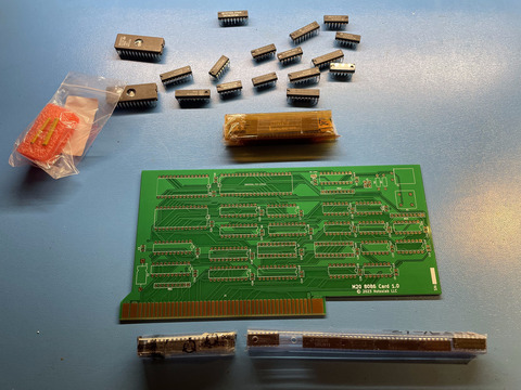 The PCB and the components, ready for assembly