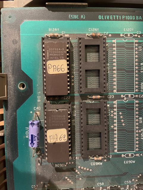 A picture of the original PA62 and PA66 EPROMs installed in the rev. D board.