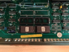 A picture of the original PA77 and PA78 EPROMs installed in the rev. G board.