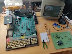 The interior of Benjamin's Olivetti, with the Gotek and the memory expansion installed